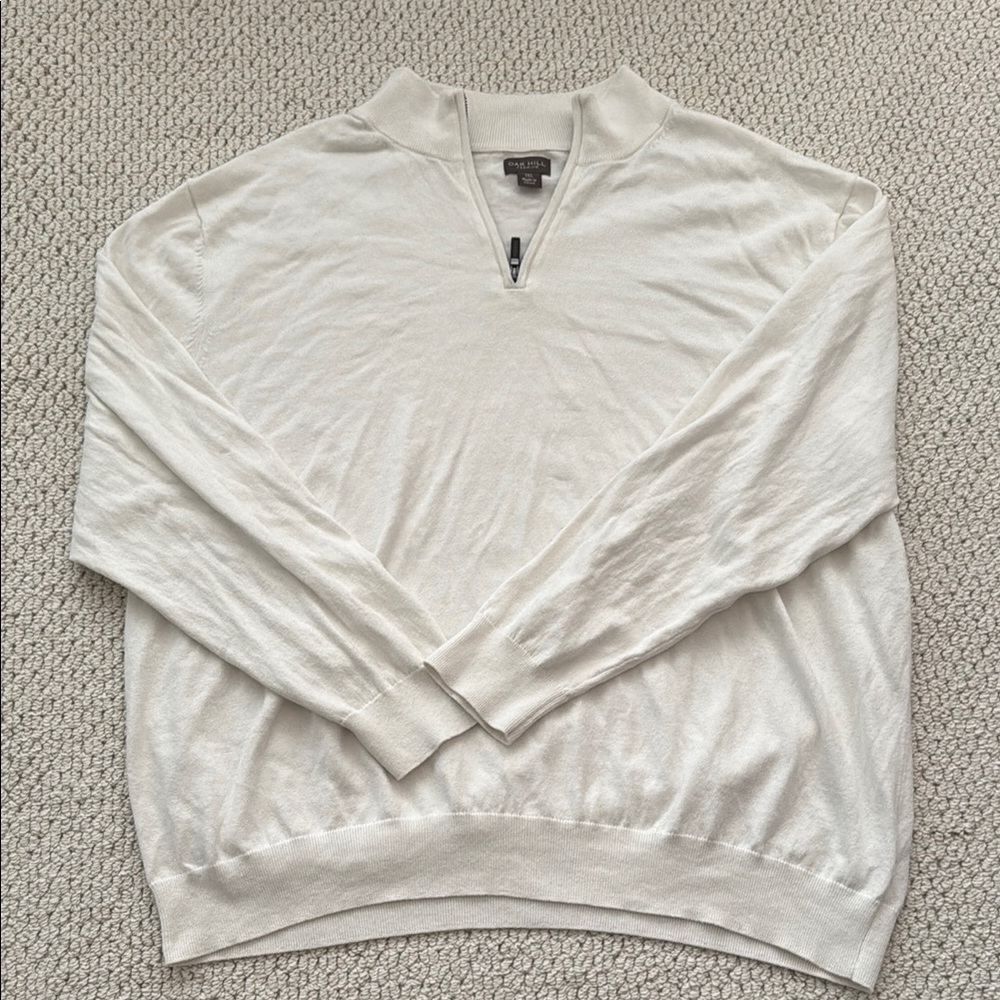 White Zip Up Sweater with Ribbed Cuffs and Hem
